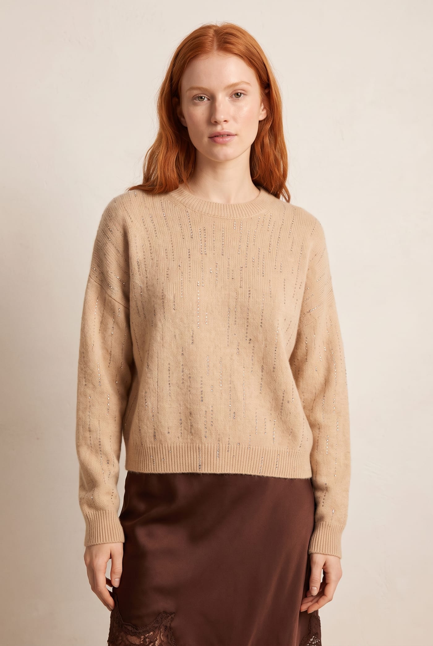 Style YRL415 beige rhinestone cashmere sweater, front
