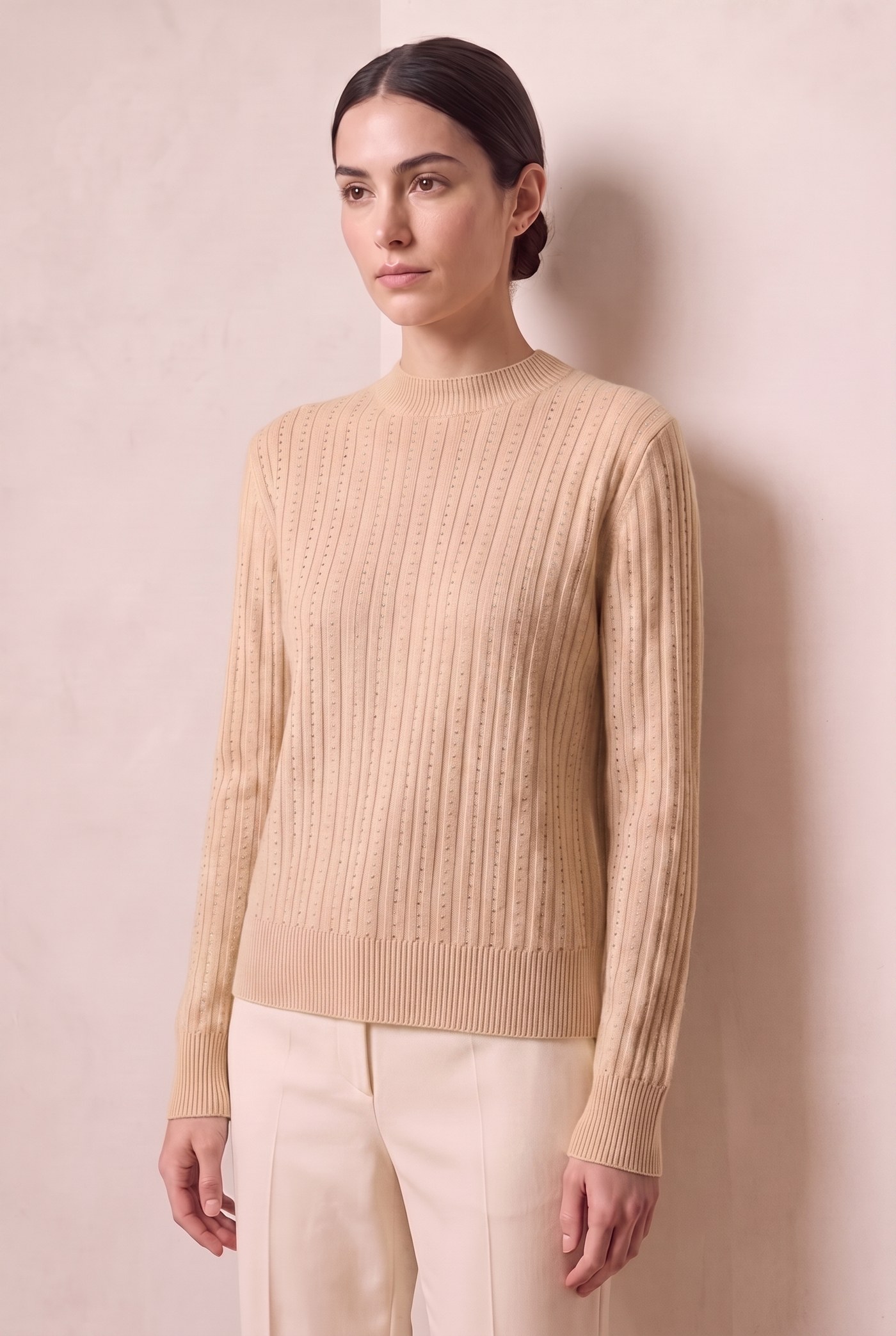 Style YRL512 beige ribbed cashmere sweater with rhinestone rows, front