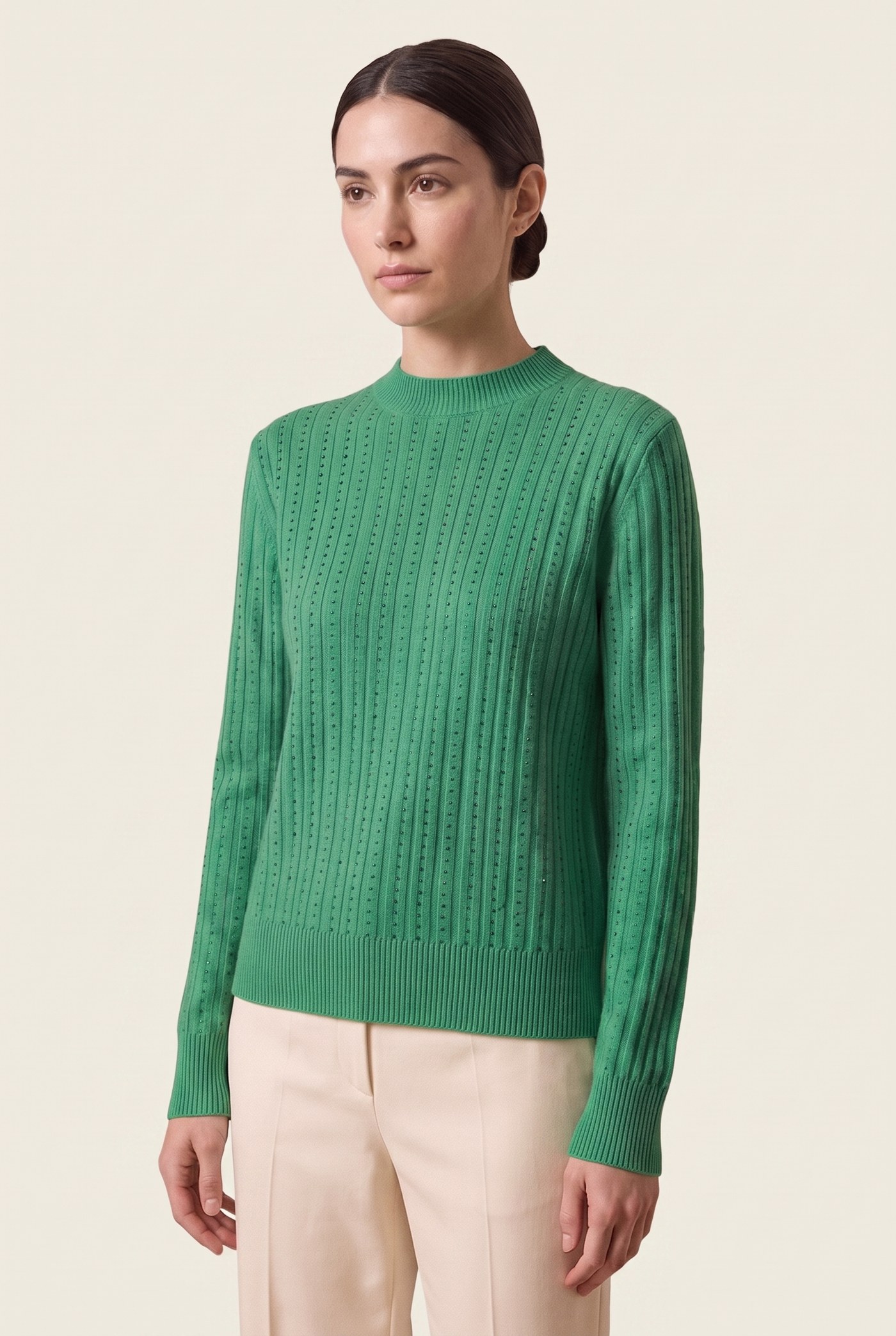 Style YRL512 green ribbed cashmere sweater with rhinestone rows, front