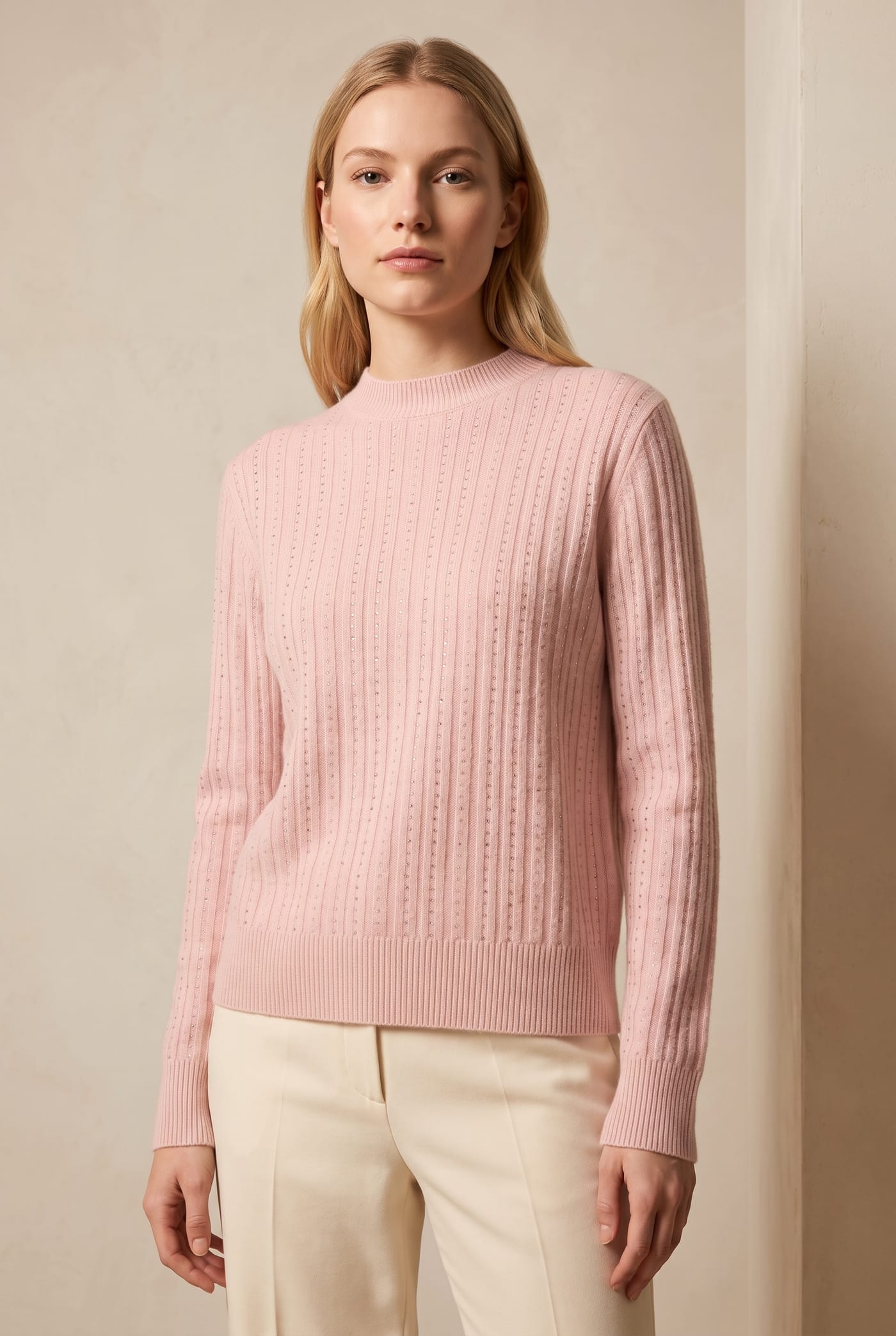 Style YRL512 pink ribbed cashmere sweater with rhinestone rows, front