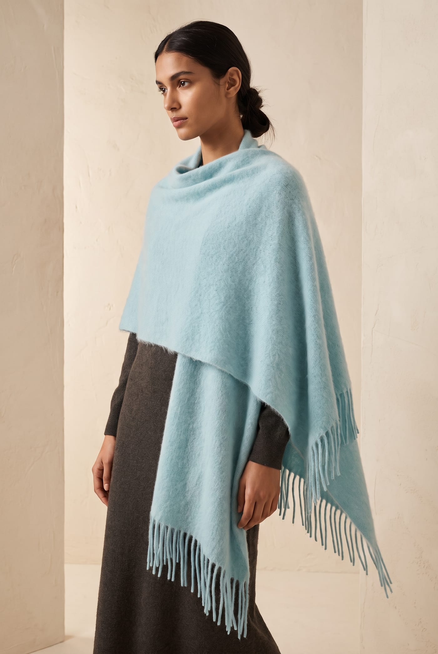 Style YRL591 light blue brushed cashmere poncho