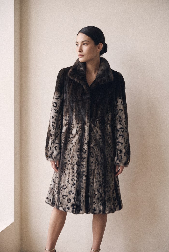Leopard-dyed mink coat, worn