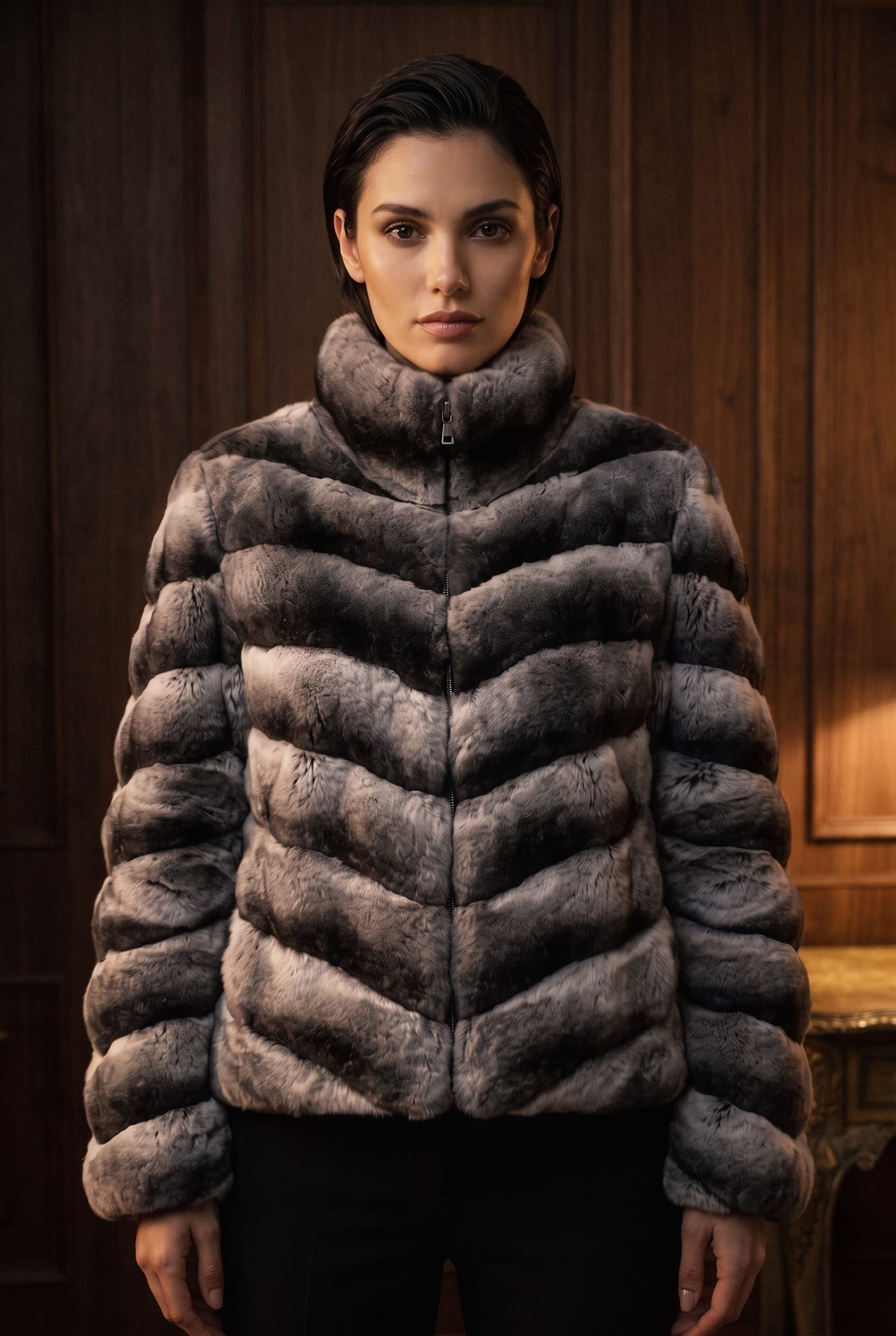 Style ZOE reversible chinchilla jacket in grey, front